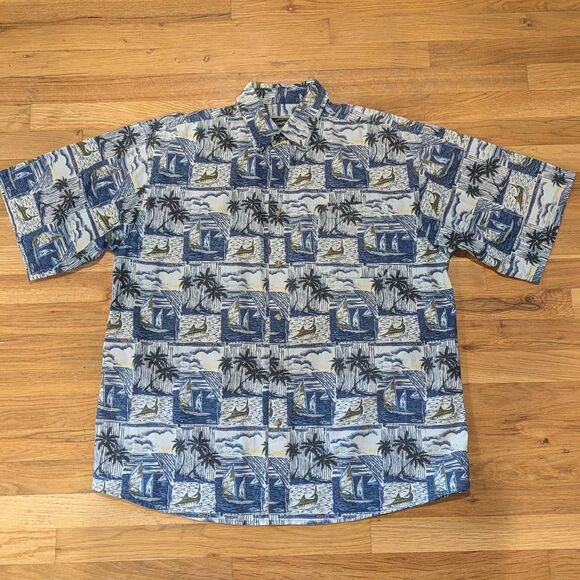 Field & Stream Hawaiian Shirt Men’s XL Sailfish Sailboat Palm Trees Blue Button - Picture 2 of 9